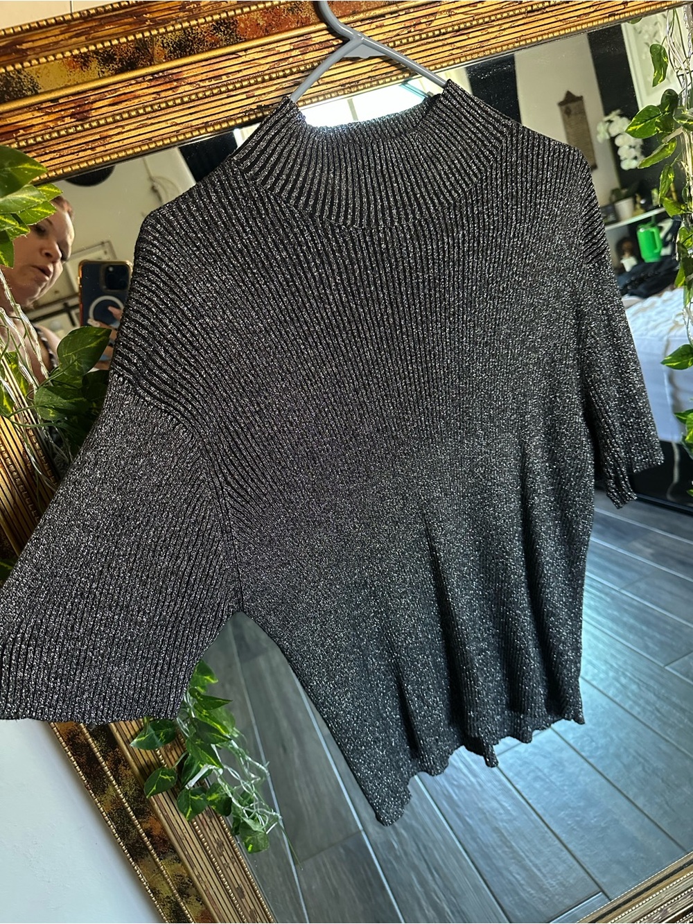 villager Metallic Black Ribbed Short-Sleeve Mock Neck Sweater